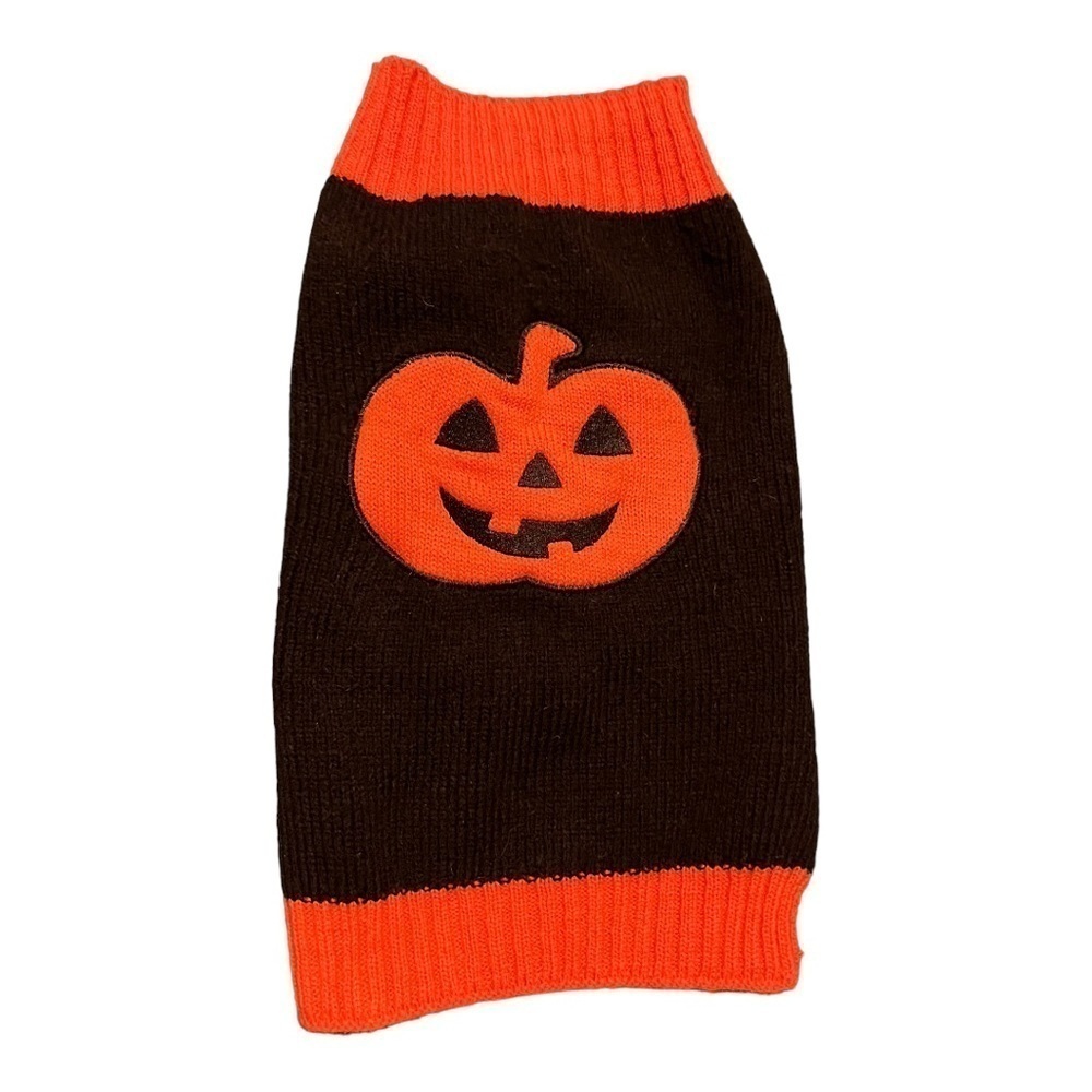 BLACK and orange knit medium dog sweater knit pumpkin appliqué Halloween.